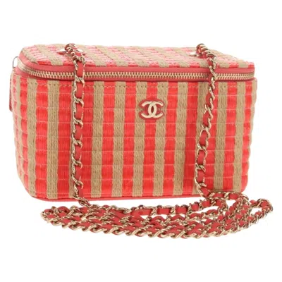 Pre-owned Chanel Classic Vanity Case With Chain Striped Raffia And Jute Beige Canvas Clutche & Pouche Bag (pre In Sand