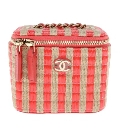 Pre-owned Chanel Classic Vanity Case With Chain Striped Raffia And Jute Wood Shoulder Bag Bag () In Red
