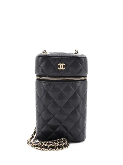 Pre-owned Chanel Classic Vanity Phone Holder With Chain Quilted Caviar Clutch Bag In Black