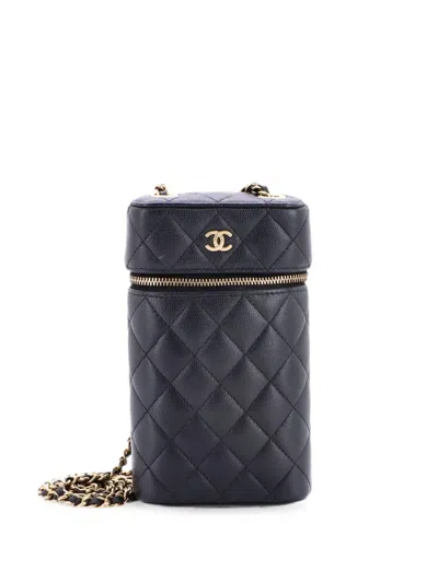 Pre-owned Chanel Classic Vanity Phone Holder With Chain Quilted Caviar Clutch Bag In Blue