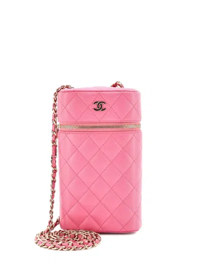 Pre-owned Chanel Classic Vanity Phone Holder With Chain Quilted Caviar Clutch Bag In Pink