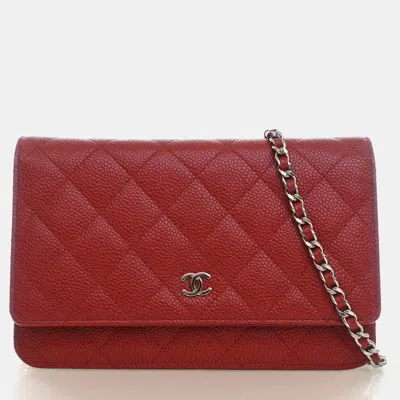 Pre-owned Chanel Classic Wallet On Chain Red Quilted Caviar Leather Crossbody Bag