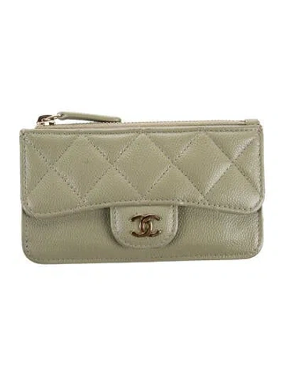 Pre-owned Chanel Classic Zip Flap Card Holder Interlocking Cc Logo Card Holder In Green