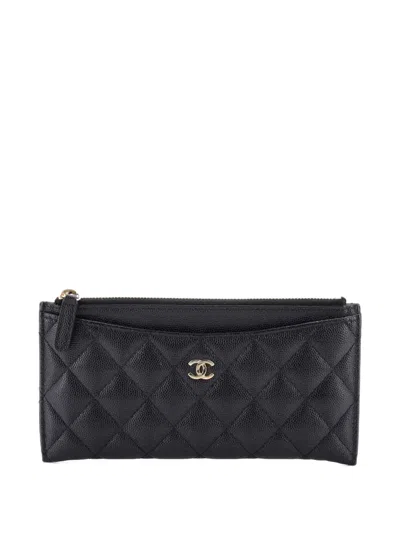 Pre-owned Chanel Classic Zip Quilted Caviar Long Pouch In Black