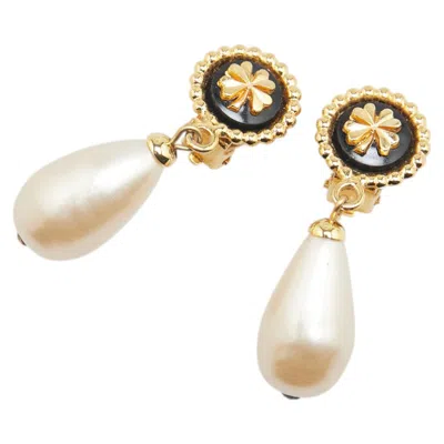 Pre-owned Chanel Clover Teardrop Swing Earrings Gold Black