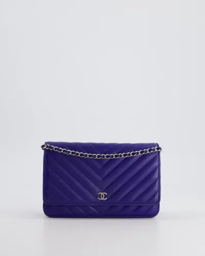Pre-owned Chanel Cobalt Chevron Wallet On Chain In Lambskin With Silver Hardware In Blue