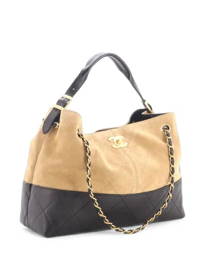 Pre-owned Chanel Coco Base Shopping Bag Quilted Suede And Lambskin Small Hobo Bag In Black
