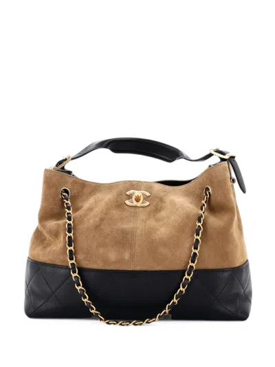 Pre-owned Chanel Coco Base Shopping Bag Quilted Suede And Lambskin Small Hobo Bag In Black