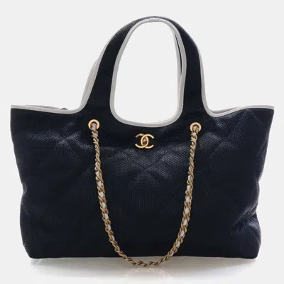 Pre-owned Chanel Coco Beach Large Blue Quilted Raffia Tote Bag