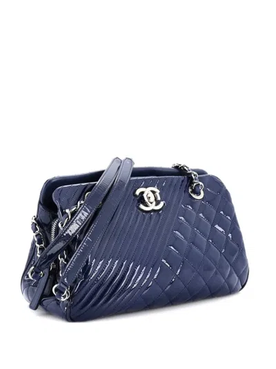 Pre-owned Chanel Coco Boy Tote Quilted Patent Medium Shoulder Bag In Blue