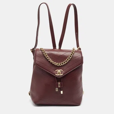 Pre-owned Chanel Coco Burgundy Chevron Leather Backpack