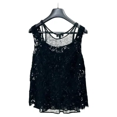 Pre-owned Chanel Coco Button Rayon Cashmere Layered Lace Knit Tank Top Sz.38 In Black