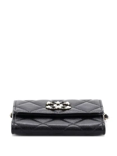 Pre-owned Chanel Coco Candy Card Holder On Chain Quilted Caviar Shoulder Bag In Black
