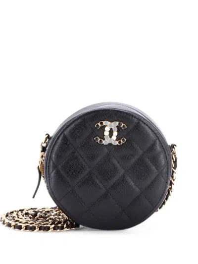 Pre-owned Chanel Coco Candy Round With Chain Quilted Caviar Clutch Bag In Black
