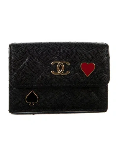 Pre-owned Chanel Coco Casino Double Flap Wallet Interlocking Cc Logo Card Holder In Black