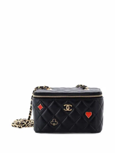 Pre-owned Chanel Coco Casino Vanity Case With Chain Quilted Lambskin Small Pouch In Black