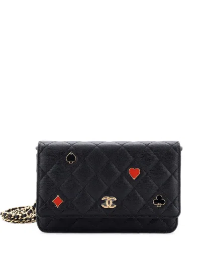 Pre-owned Chanel Coco Casino Wallet On Chain Quilted Caviar Shoulder Bag In Black