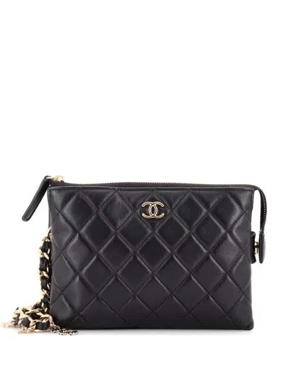 Pre-owned Chanel Coco Charms Wristlet Pouch Quilted Lambskin Clutch Bag In Black