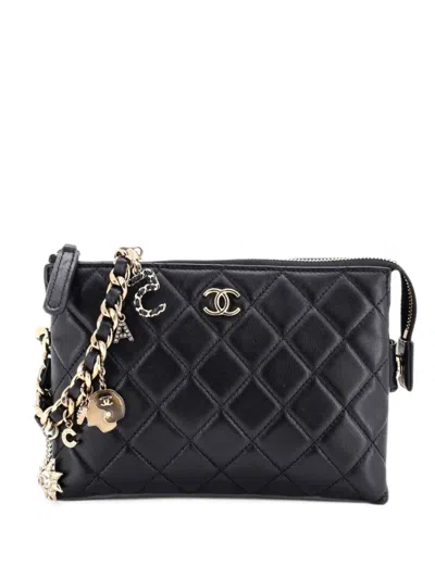 Pre-owned Chanel Coco Charms Wristlet Pouch Quilted Lambskin Clutch Bag In Black