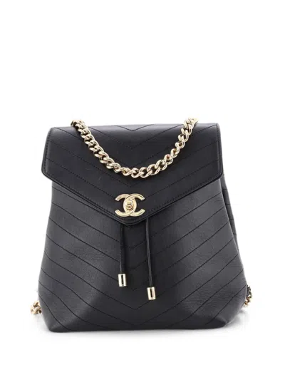 Pre-owned Chanel Coco Chevron Stitched Calfskin Small Backpack In Black