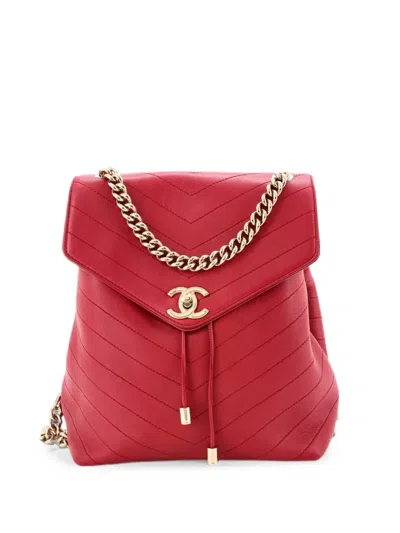 Pre-owned Chanel Coco Chevron Stitched Calfskin Small Backpack In Red