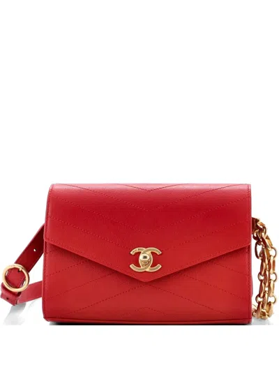 Pre-owned Chanel Coco Chevron Waist Bag Stitched Calfskin Belt Bag In Red