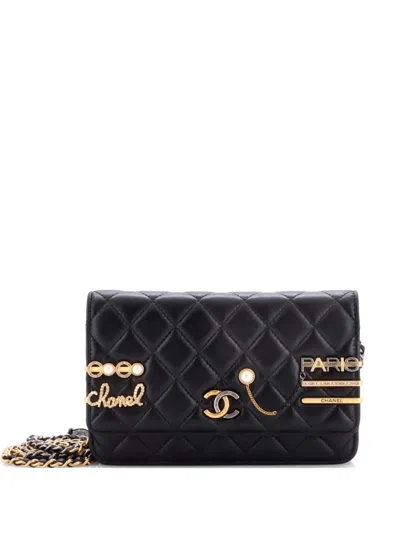 Pre-owned Chanel Coco Clips Wallet On Chain Embellished Quilted Lambskin Crossbody Bag In Black