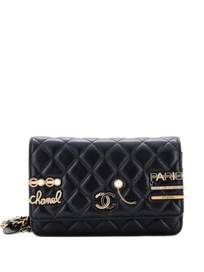 Pre-owned Chanel Coco Clips Wallet On Chain Embellished Quilted Lambskin Crossbody Bag In Black