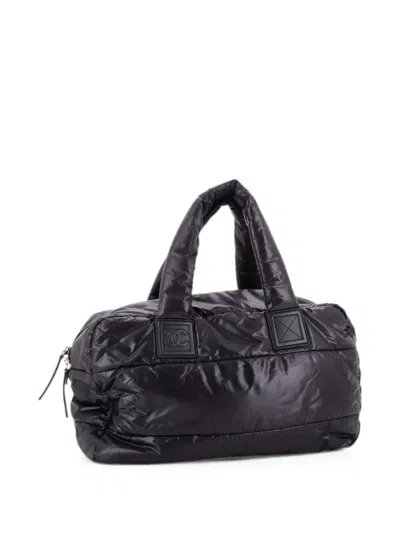 Pre-owned Chanel Coco Cocoon Bowling Bag Quilted Nylon Large Handbag In Black