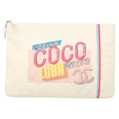 Pre-owned Chanel Coco Cuba Canvas Clutch Bag () In White