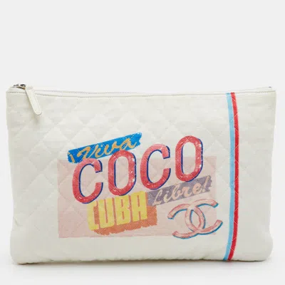 Pre-owned Chanel Coco Cuba O-case Large White Quilted Canvas Zip Pouch
