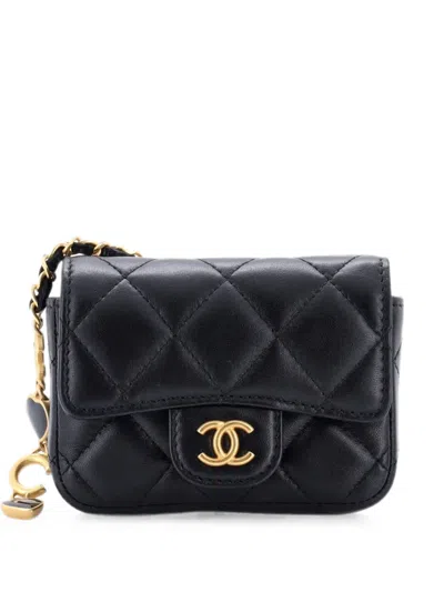 Pre-owned Chanel Coco De Toi Heart Quilted Lambskin Mini Belt Bag In Black