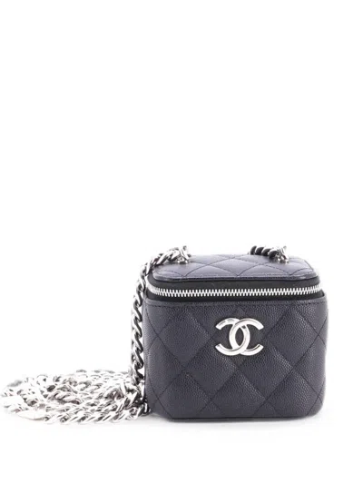 Pre-owned Chanel Coco Enamel Strap Vanity Case With Chain Quilted Caviar Mini Crossbody Bag In Black