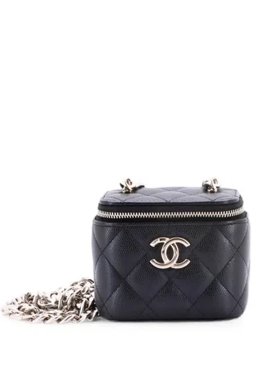 Pre-owned Chanel Coco Enamel Strap Vanity Case With Chain Quilted Caviar Mini Crossbody Bag In Black