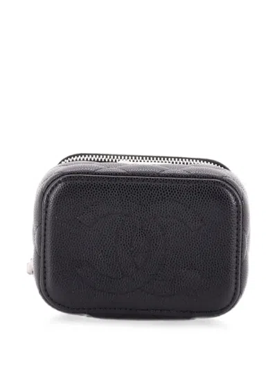 Pre-owned Chanel Coco Enamel Strap Vanity Case With Chain Quilted Caviar Mini Crossbody Bag In Black