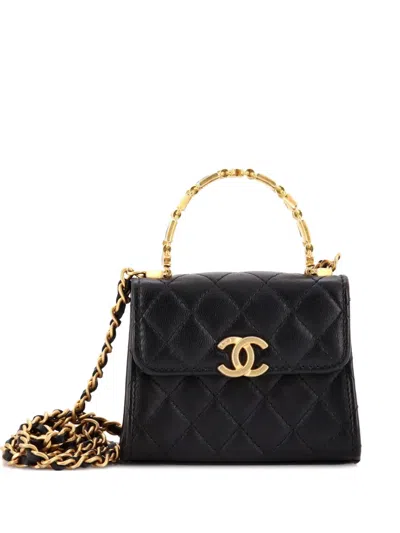 Pre-owned Chanel Coco Enamel Top Handle Flap Bag Quilted Lambskin Small Satchel In Black