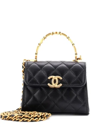 Pre-owned Chanel Coco Enamel Top Handle Flap Bag Quilted Lambskin Small Satchel In Black