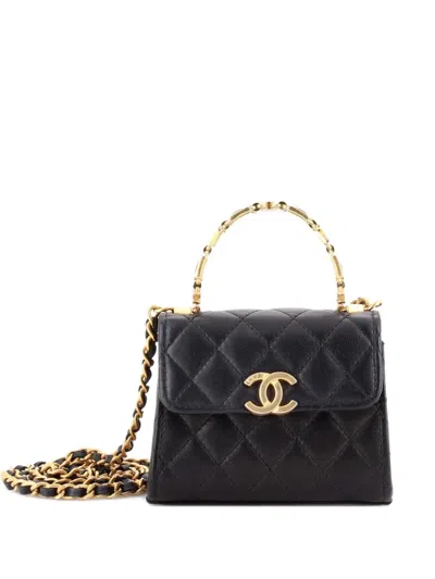 Pre-owned Chanel Coco Enamel Top Handle Flap Bag Quilted Lambskin Small Satchel In Black