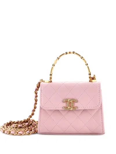 Pre-owned Chanel Coco Enamel Top Handle Flap Bag Quilted Lambskin Small Satchel In Pink