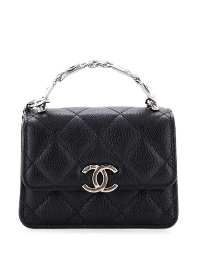 Pre-owned Chanel Coco Enamel Top Handle Flap Clutch With Chain Quilted Caviar Crossbody Bag In Black