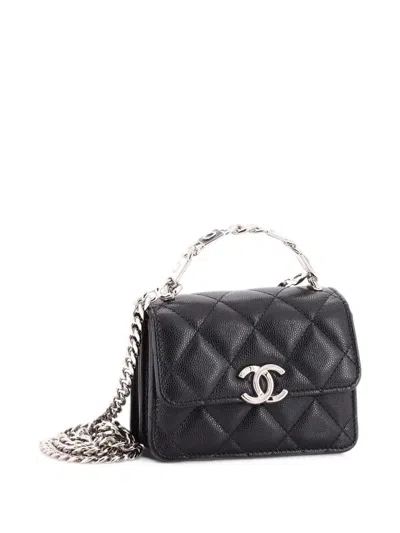 Pre-owned Chanel Coco Enamel Top Handle Flap Clutch With Chain Quilted Caviar Crossbody Bag In Black