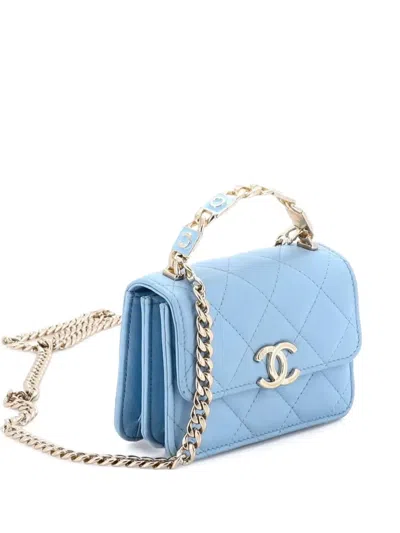 Pre-owned Chanel Coco Enamel Top Handle Flap Clutch With Chain Quilted Lambskin Satchel In Blue
