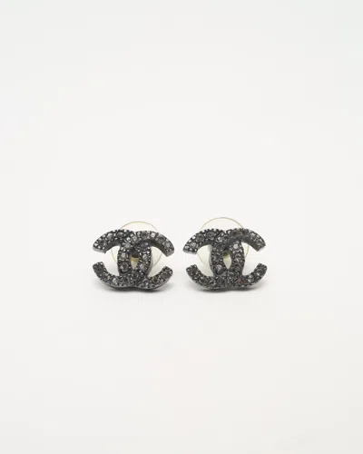 Pre-owned Chanel Coco Gunmetal Rhinestone Earrings