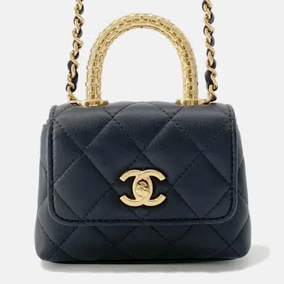 Pre-owned Chanel Coco Handle Chain Shoulder Bag Black Lambskin Strass Size Micro