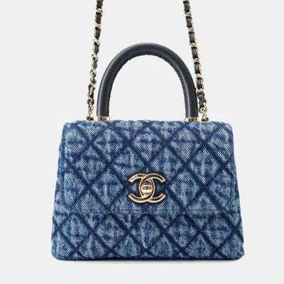 Pre-owned Chanel Coco Handle Extra Mini Blue Washed Denim Leather Clutch With Chain Bag