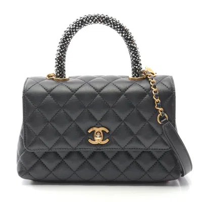 Pre-owned Chanel Coco Handle Flap Matelasse Lambskin Handbag In Black