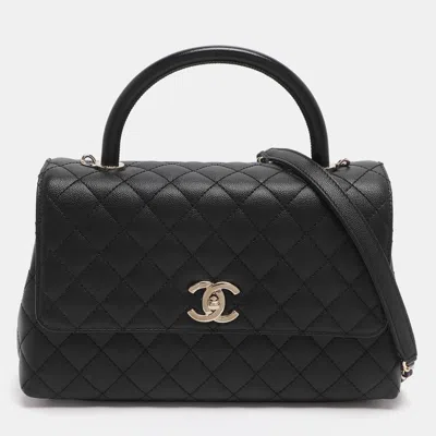 Pre-owned Chanel Coco Handle Large Black Quilted Caviar Leather Top Handle Bag
