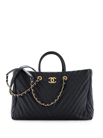 Pre-owned Chanel Coco Handle Shopping Chevron Caviar Large Tote Bag In Black