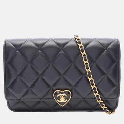 Pre-owned Chanel Coco Love Black Quilted Lambskin Leather Wallet On Chain Bag