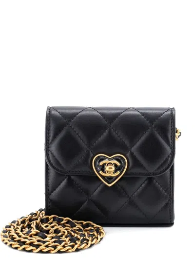Pre-owned Chanel Coco Love Cc Heart Clutch With Chain Quilted Lambskin Mini Crossbody Bag In Black
